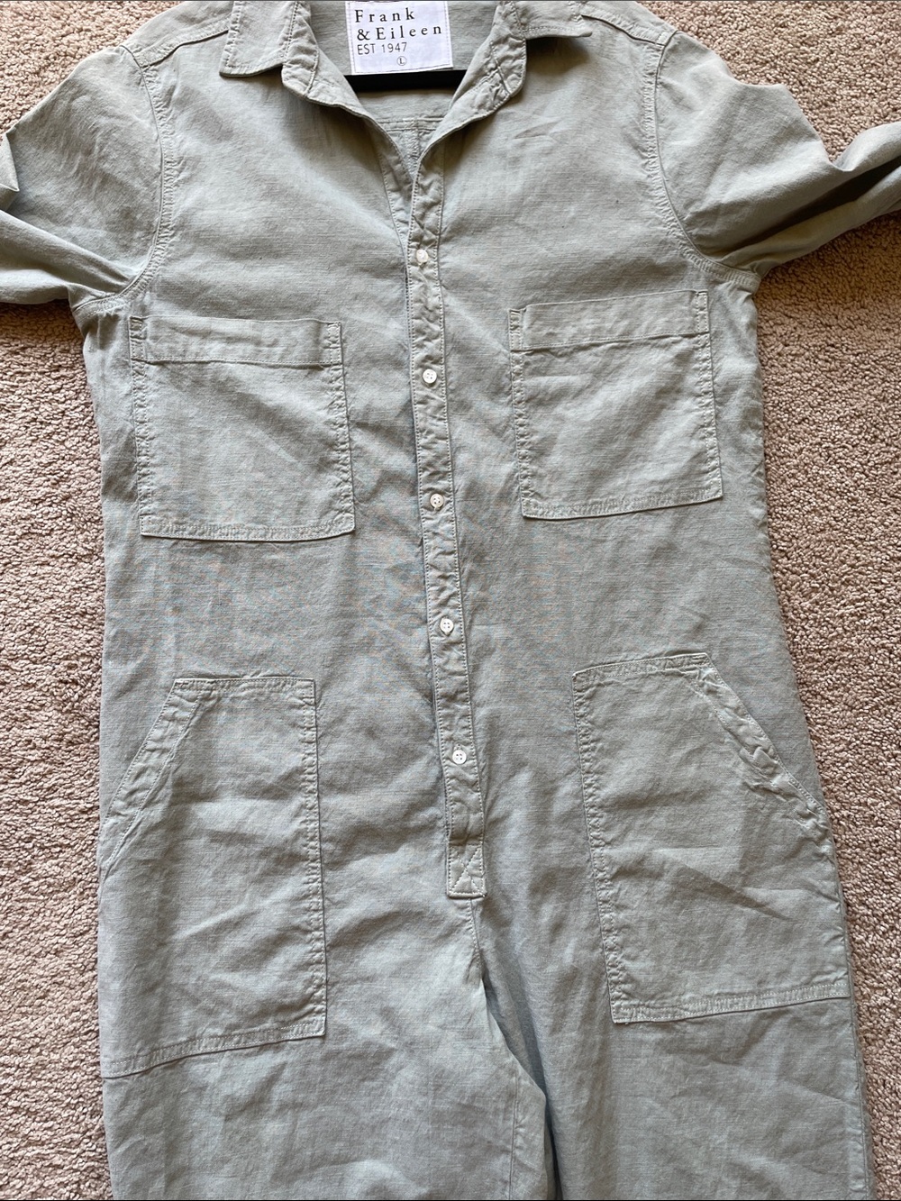 Frank & Eileen Northern Ireland Sage Green Utility Jumpsuit L Flax USA Boho - Picture 15 of 15